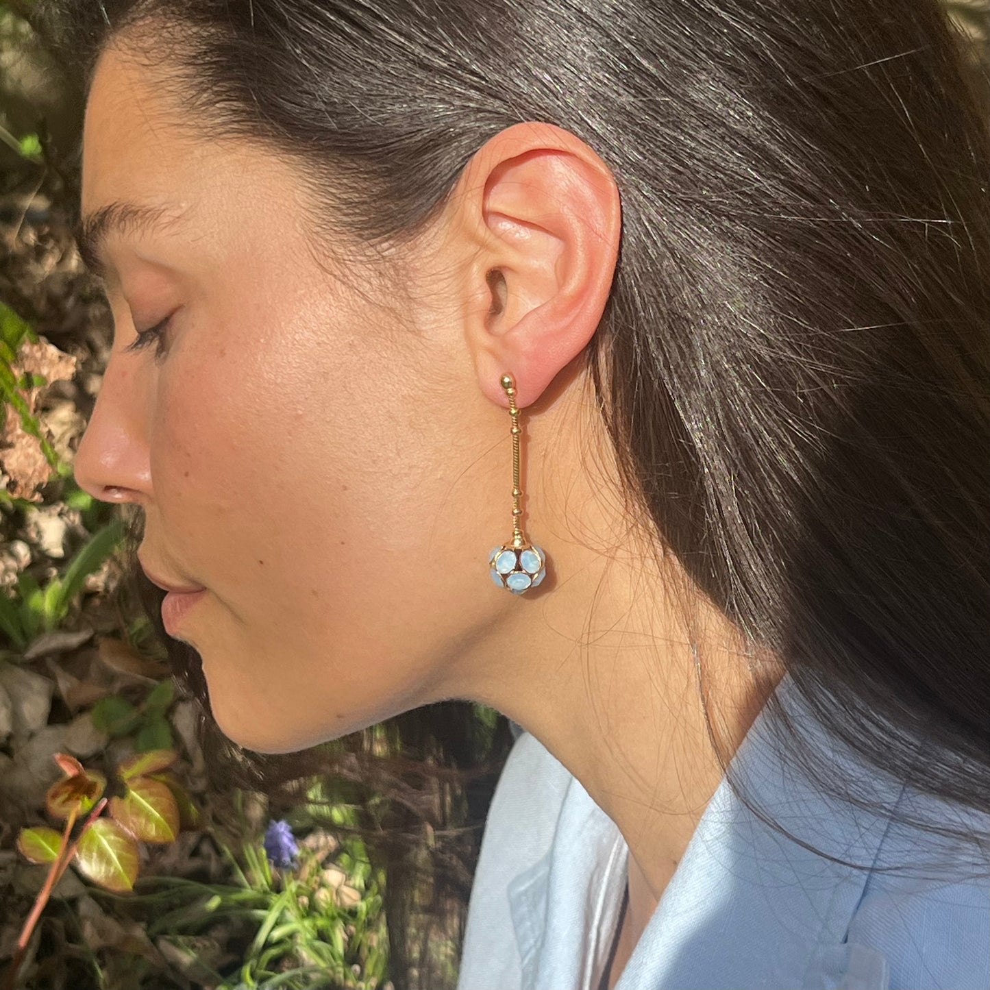 BOUCLES D'OREILLES-PERCÉES-TURQUOISE-LAITON- 5%OR-CUIVRE-STRASS SWAROVSKI-BICKY