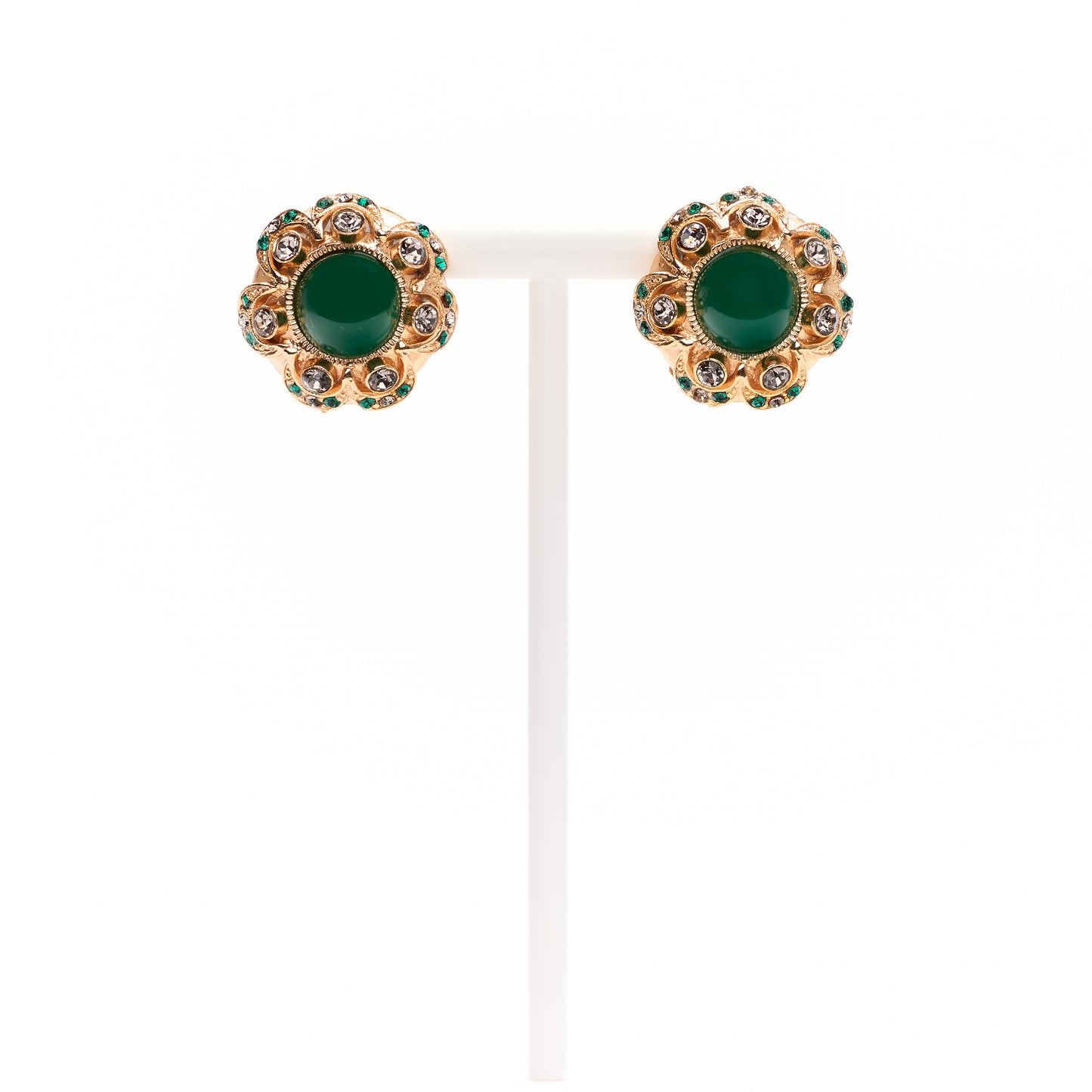 MANALI DESIGN-GÉRALDINE BREMER WEILL-BOUCLES D'OREILLE-CLIPS-LAITON PLAQUÉ OR-CUIVRE-5% OR-STRASS SWAROVSKI-RÉSINE-VERT-BISRINA