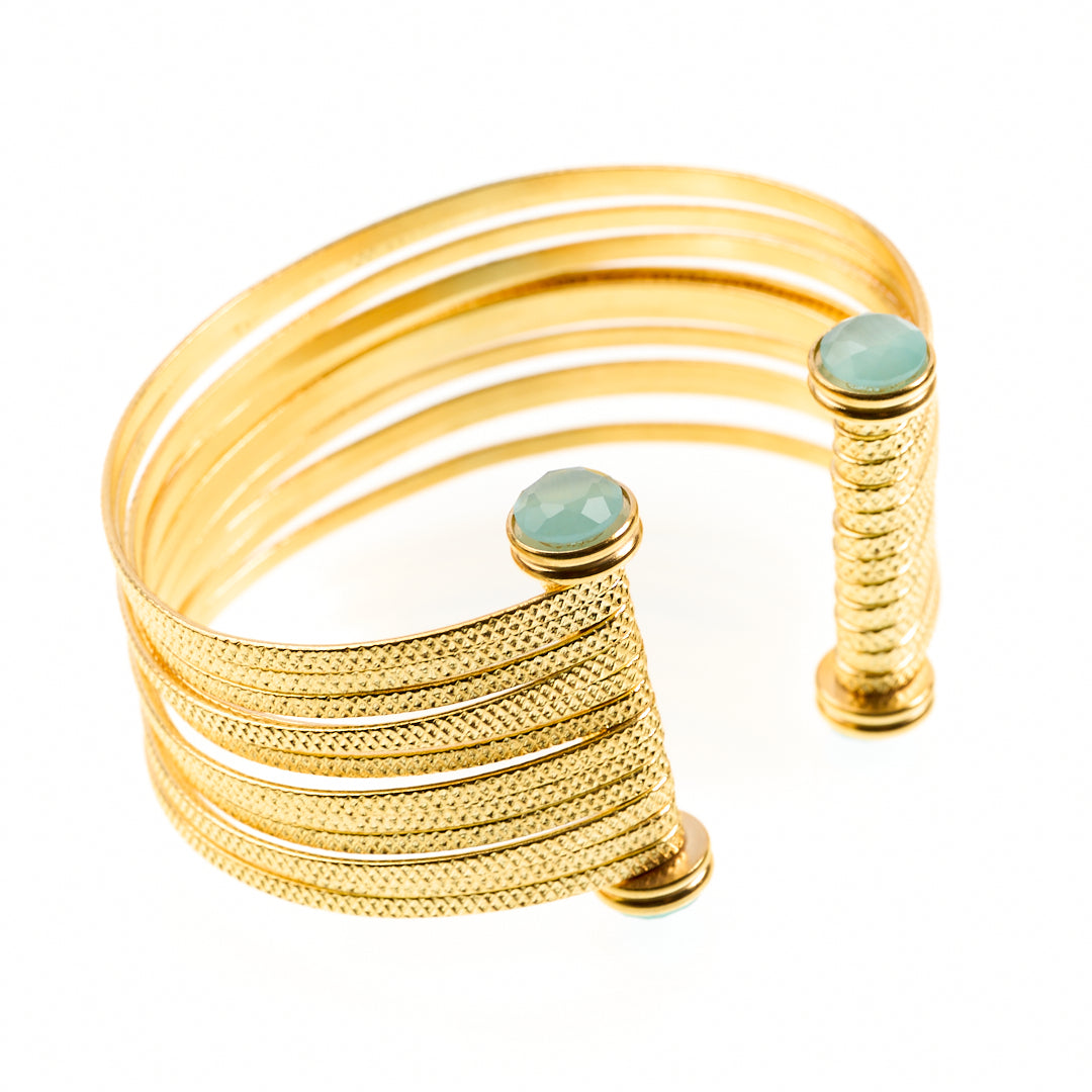 MANALI DESIGN-GERALDINE BREMER WEILL-BRACELET-MANCHETTE-TURQUOISE-LAITON PLAQUÉ OR-OEIL DE CHAT-MATHILDE