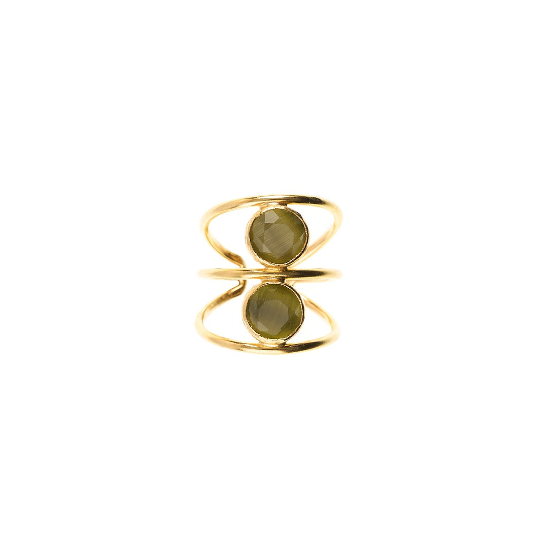 MANALI DESIGN-GERALDINE WEILL-ROND-VERT PÉRIDOT-LAITON PLAQUÉ OR-OEIL DE CHAT-AJUSTABLE-MARISHA