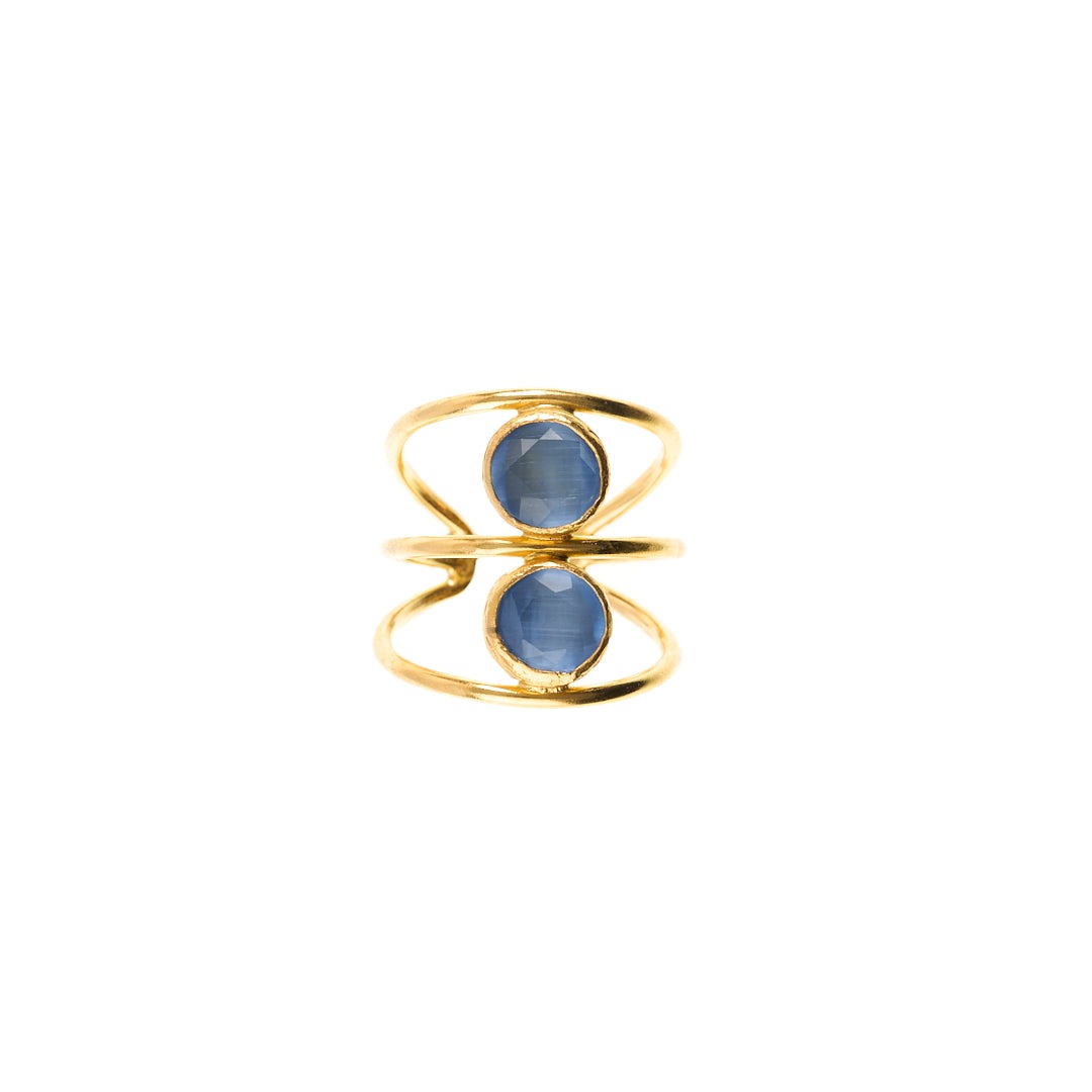 MANALI DESIGN-GERALDINE WEILL-ROND-BLEU CLAIR-LAITON PLAQUÉ OR-OEIL DE CHAT-AJUSTABLE-MARISHA