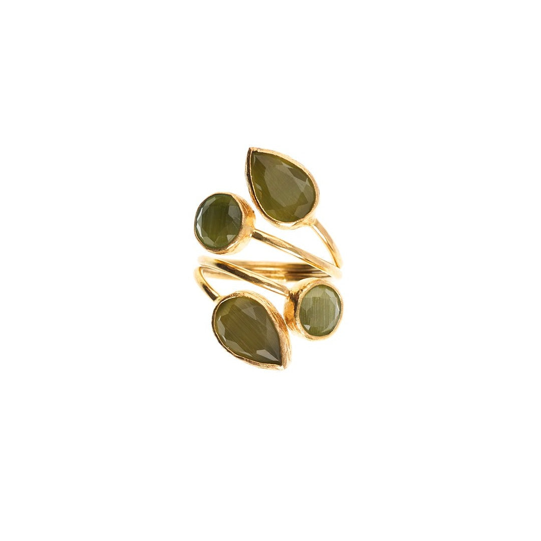 MANALI DESIGN-GERALDINE WEILL-FEUILLES-VERT PÉRIDOT-LAITON PLAQUÉ OR-OEIL DE CHAT-AJUSTABLE-MADDY