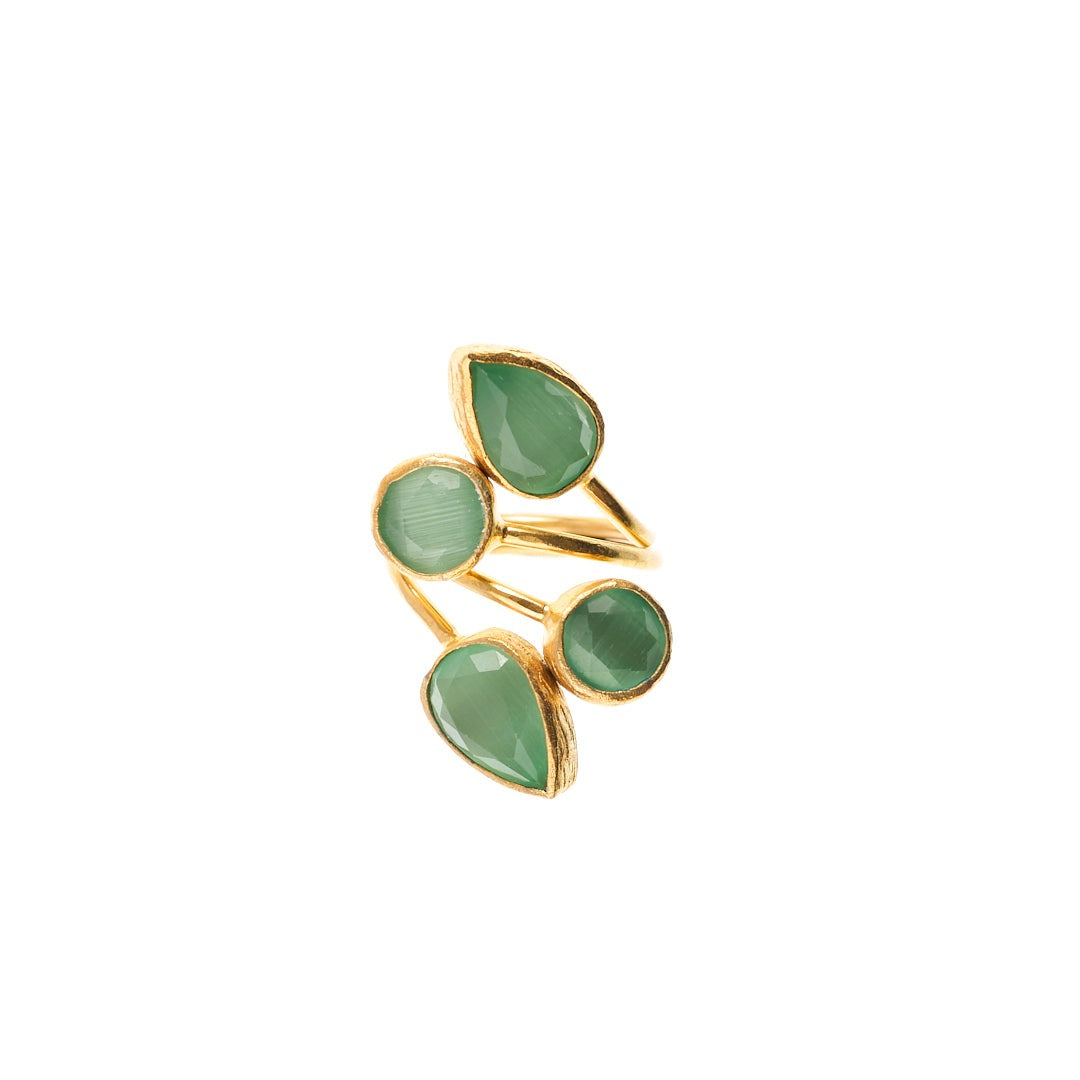 MANALI DESIGN-GERALDINE WEILL-FEUILLES-VERT CLAIR-LAITON PLAQUÉ OR-OEIL DE CHAT-AJUSTABLE-MADDY