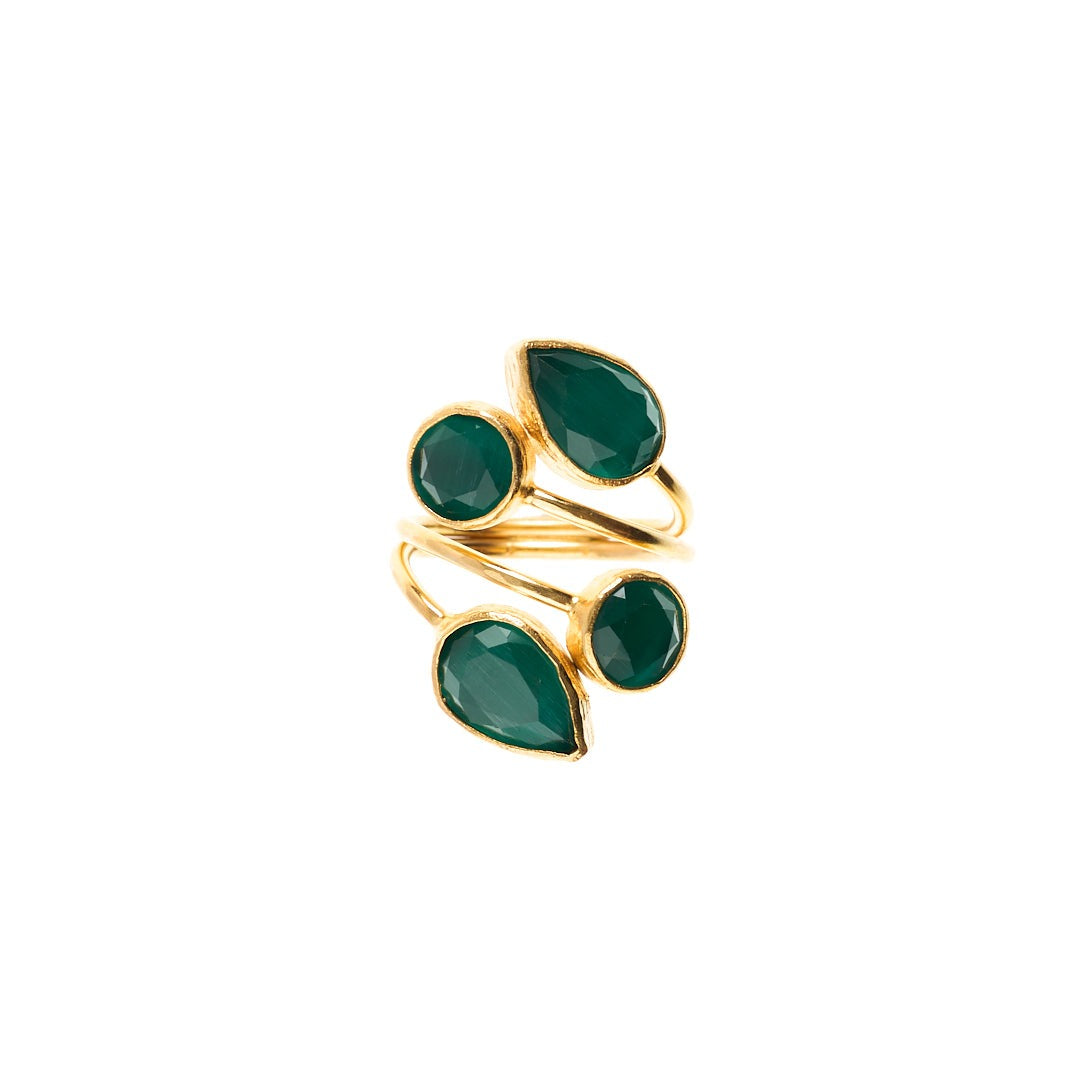 MANALI DESIGN-GERALDINE WEILL-FEUILLES-VERT ÉMERAUDE-LAITON PLAQUÉ OR-OEIL DE CHAT-AJUSTABLE-MADDY