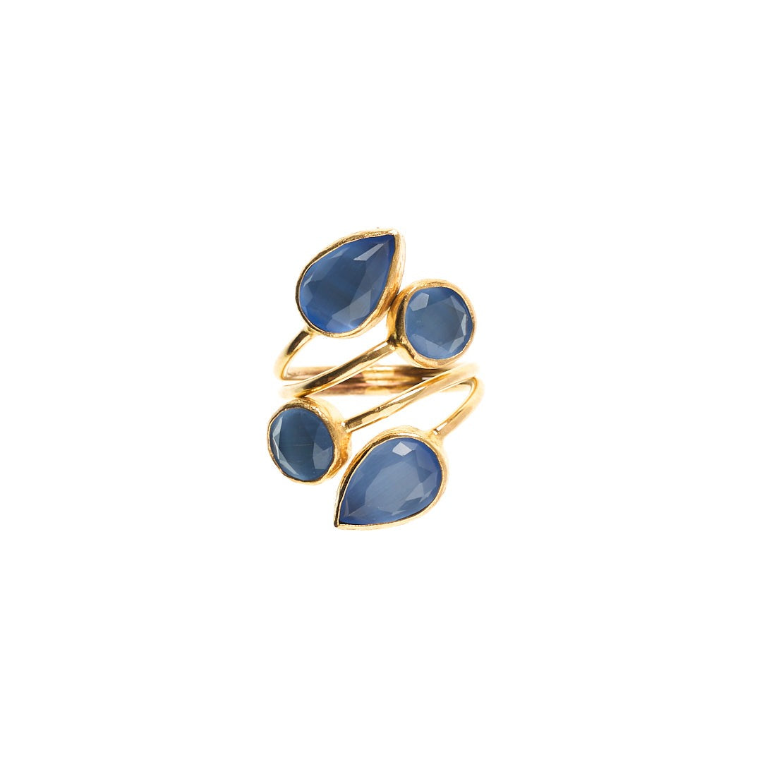 MANALI DESIGN-GERALDINE WEILL-FEUILLES-BLEU-LAITON PLAQUÉ OR-OEIL DE CHAT-AJUSTABLE-MADDY