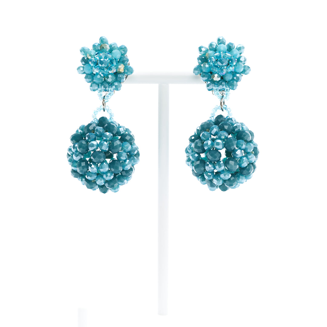 MANALI DESIGN-GERALDINE BREMER WEILL-BOUCLE D’OREILLE-CLIPS-PENDANTES-BOULE-TURQUOISE-BAGUETTE DE CRYSTAL VERRE-CLIPS HYPOALLERGÉNIQUE-VICTORIA
