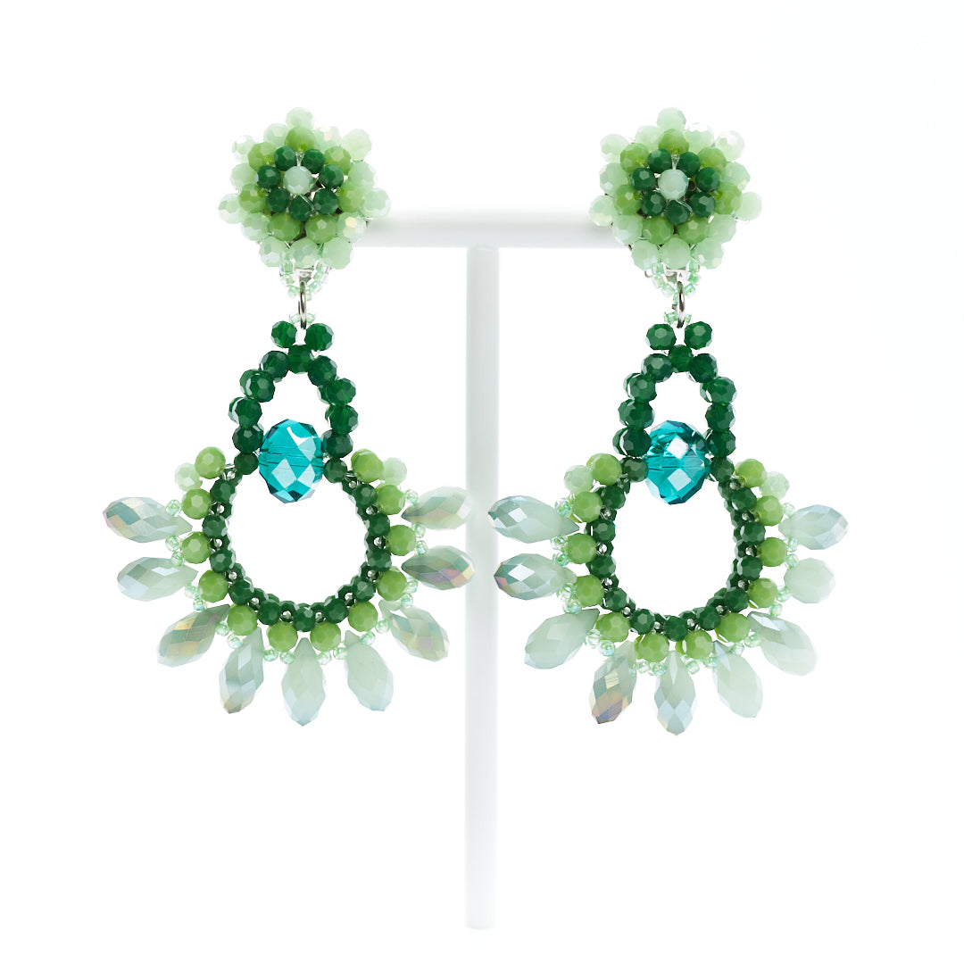 MANALI DESIGN-GERALDINE BREMER WEILL-BOUCLE D’OREILLE-CLIPS-PENDANTES-VERT-CRYSTAL-PERLES DE VERRE-CLIPS HYPOALLERGÉNIQUE-VANINA