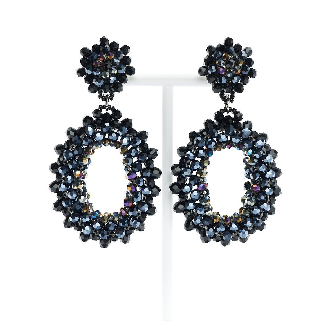 MANALI DESIGN-GERALDINE BREMER WEILL-BOUCLE D’OREILLE-CLIPS-PENDANTES-OVALE-NOIR-BAGUETTE DE CRYSTAL VERRE-CLIPS HYPOALLERGÉNIQUE-VIOLA