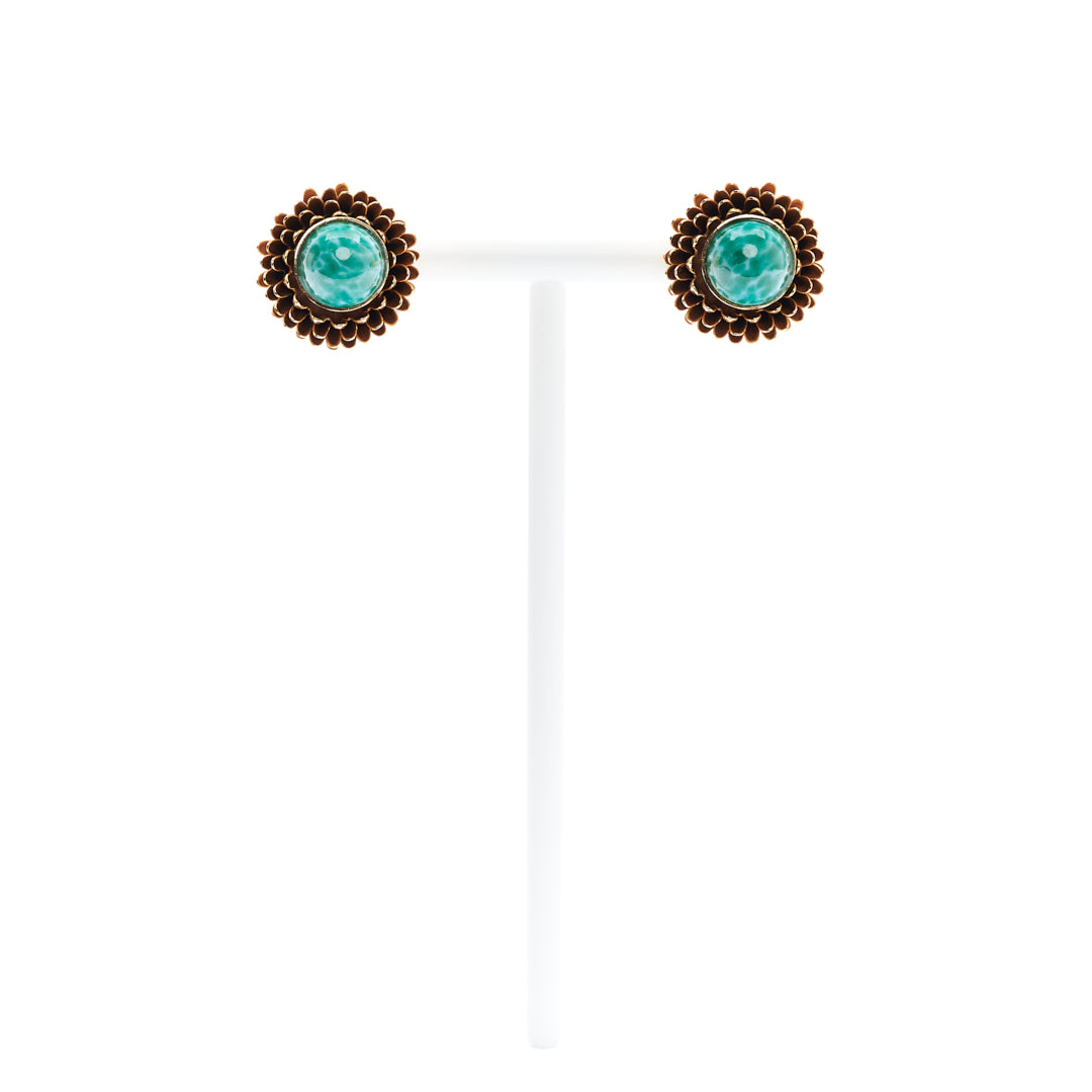 MANALI DESIGN-GERALDINE BREMER WEILL-BOUCLE D’OREILLE-CLIPS-FLEURS-TURQUOISE&OR-VERMEIL-PLAQUÉ OR FIN-STRASS SWAROVSKI-CLIPS HYPOALLERGÉNIQUE-BAMBINA