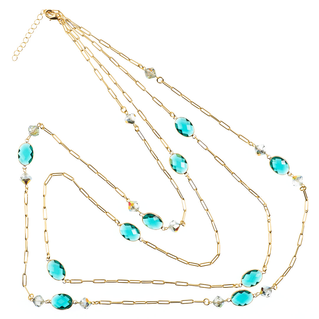 MANALI DESIGN-GERALDINE BREMER WEILL-SAUTOIR-VERT EMERAUDE-CRISTAUX SWAROVSKI-LAITON-PLAQUÉ OR-PIERRE-FANY