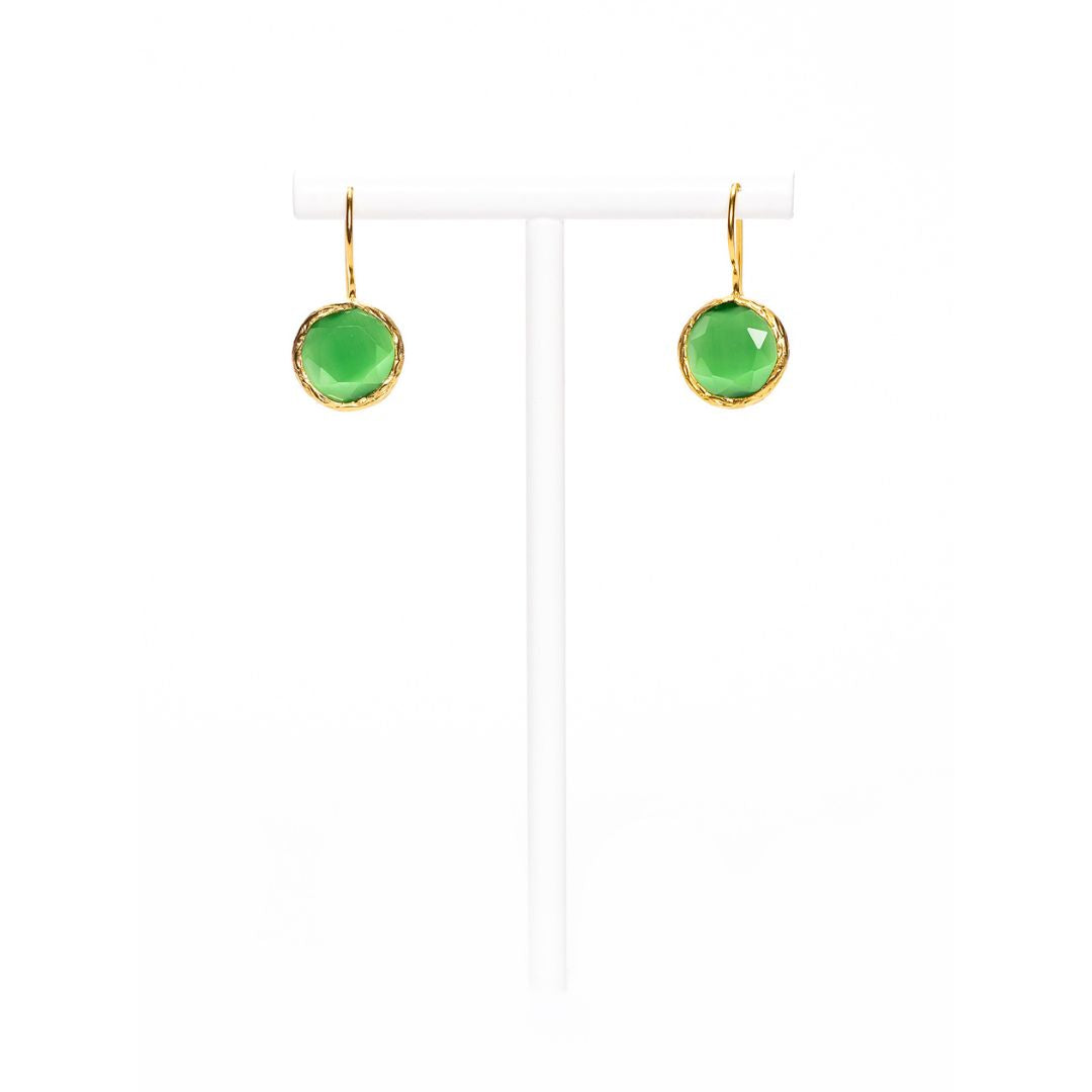 MANALI DESIGN-GERALDINE BREMER WEILL-BOUCLE D’OREILLE-PERCÉES-PENDANTES-SMALL ROND-OEIL DE CHAT-VERT-PLAQUÉ OR FIN-LAITON-TIGE HYPOALLERGÉNIQUE-MARNIE