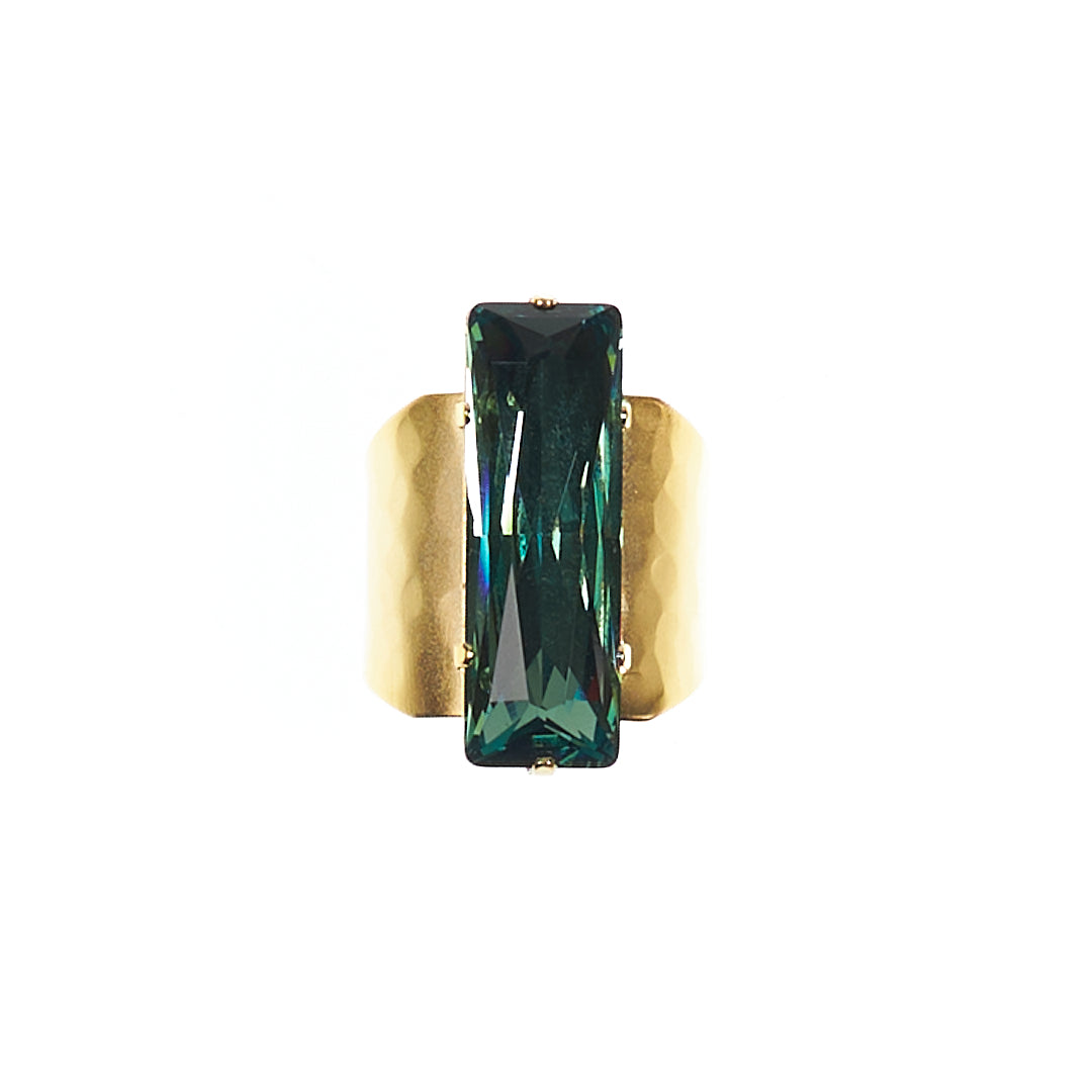 MANALI DESIGN-GERALDINE BREMER WEILL-BAGUE-AJUSTABLE-VERT-BAGUETTE MARTELÉ-LAITON-STRASS SWAROVSKI-PLAQUÉ OR FIN-FLORA