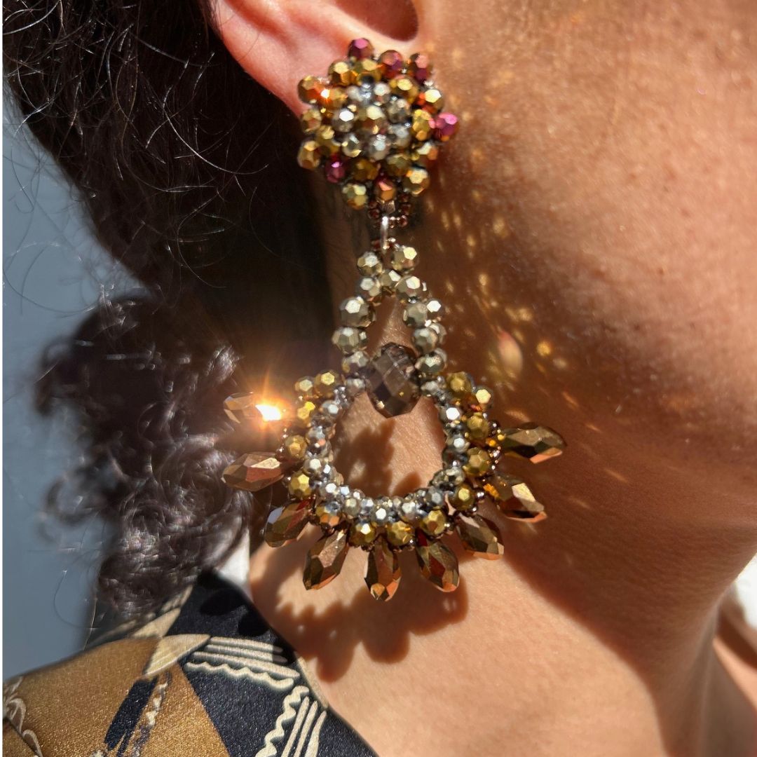 MANALI DESIGN-GERALDINE BREMER WEILL-BOUCLE D’OREILLE-CLIPS-PENDANTES-MORDORÉ-CRYSTAL-PERLES DE VERRE-CLIPS HYPOALLERGÉNIQUE-VANINA