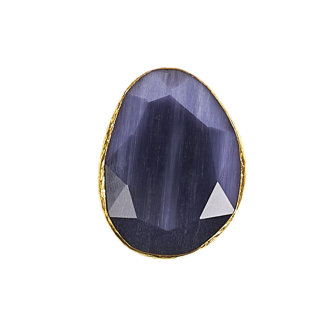 MANALI DESIGN-GERALDINE BREMER WEILL-BAGUE-AJUSTABLE-TAILLE S&M-AMÉTHYSTE-OEIL DE CHAT-PLAQUÉ OR FIN-LAITON-MACAIRE