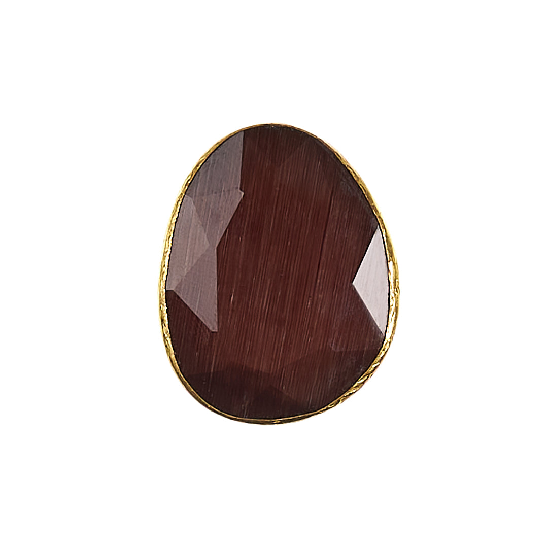 MANALI DESIGN-GERALDINE BREMER WEILL-BAGUE-AJUSTABLE-TAILLE S&M-CHOCOLAT-OEIL DE CHAT-PLAQUÉ OR FIN-LAITON-MACAIRE