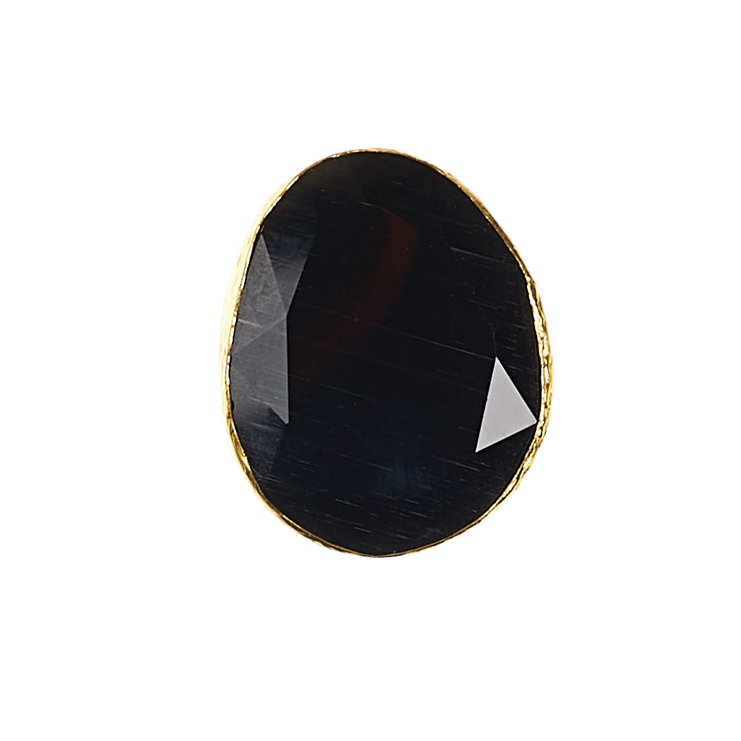 MANALI DESIGN-GERALDINE BREMER WEILL-BAGUE-AJUSTABLE-TAILLE S&M-NOIR-OEIL DE CHAT-PLAQUÉ OR FIN-LAITON-MACAIRE
