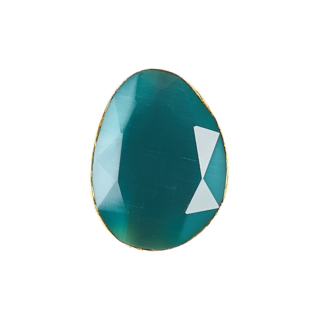 MANALI DESIGN-GERALDINE BREMER WEILL-BAGUE-AJUSTABLE-TAILLE S&M-VERT EMERAUDE-OEIL DE CHAT-PLAQUÉ OR FIN-LAITON-MACAIRE
