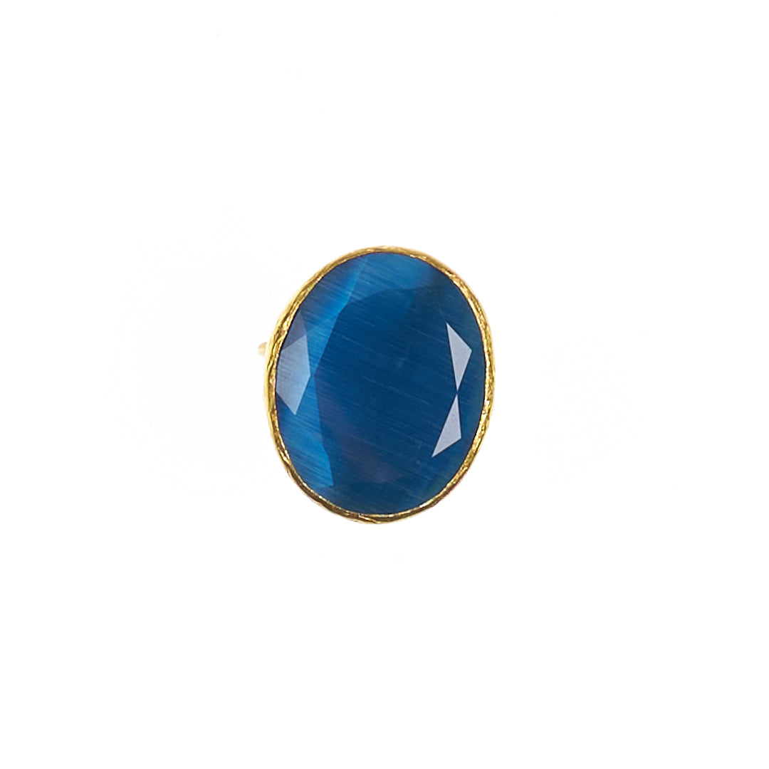 MANALI DESIGN-GERALDINE BREMER WEILL-BAGUE-AJUSTABLE-TAILLE S&M-BLEU-OEIL DE CHAT-PLAQUÉ OR FIN-LAITON-MADELON