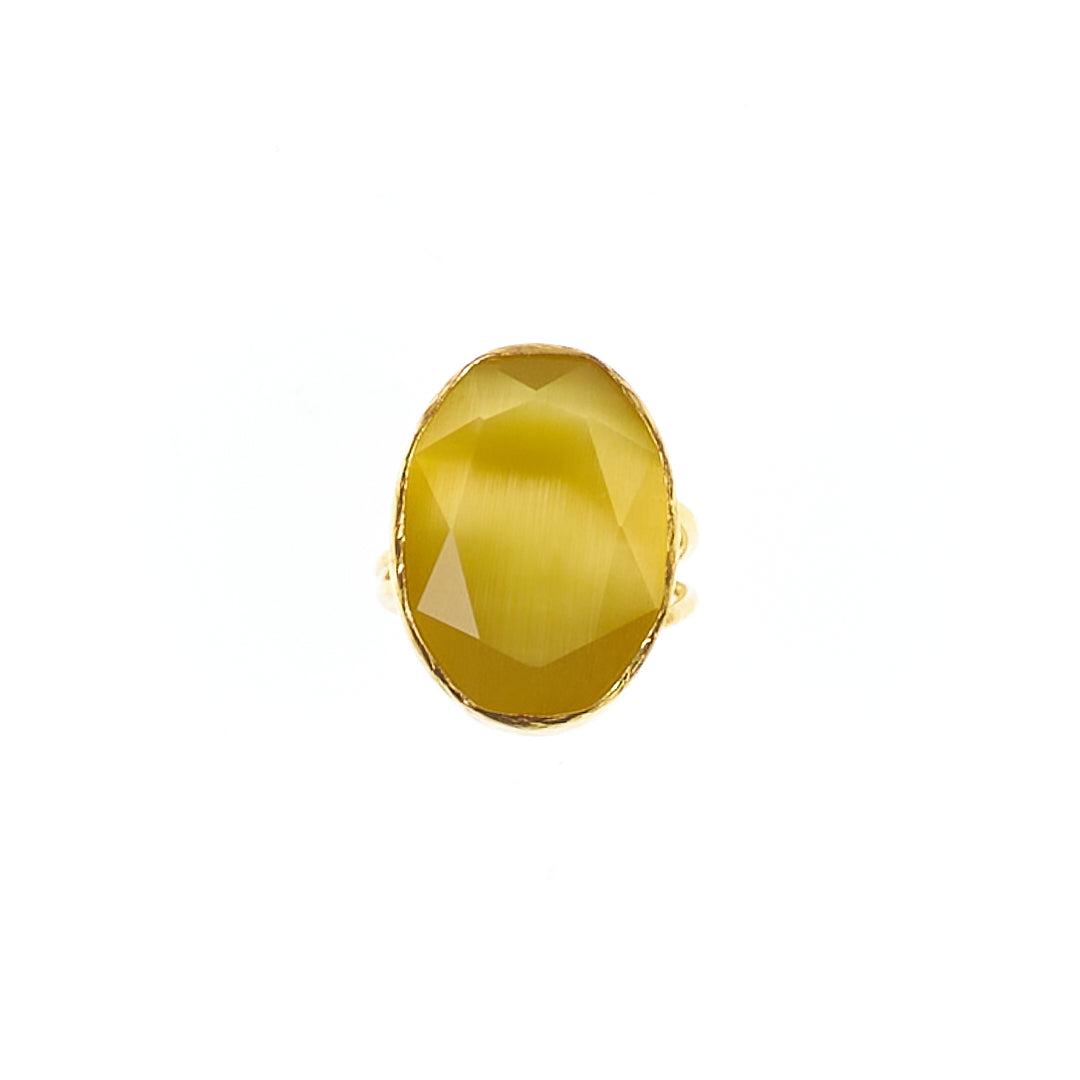 MANALI DESIGN-GERALDINE BREMER WEILL-BAGUE-AJUSTABLE-TAILLE S&M-JAUNE-OEIL DE CHAT-PLAQUÉ OR FIN-LAITON-MADELON