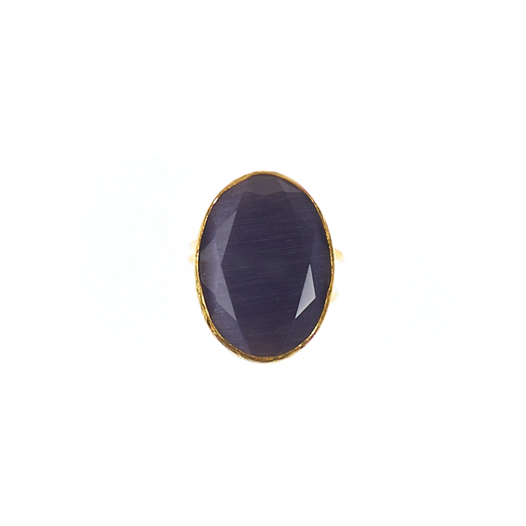 MANALI DESIGN-GERALDINE BREMER WEILL-BAGUE-AJUSTABLE-TAILLE S&M-AMÉTHYSTE-OEIL DE CHAT-PLAQUÉ OR FIN-LAITON-MADELON