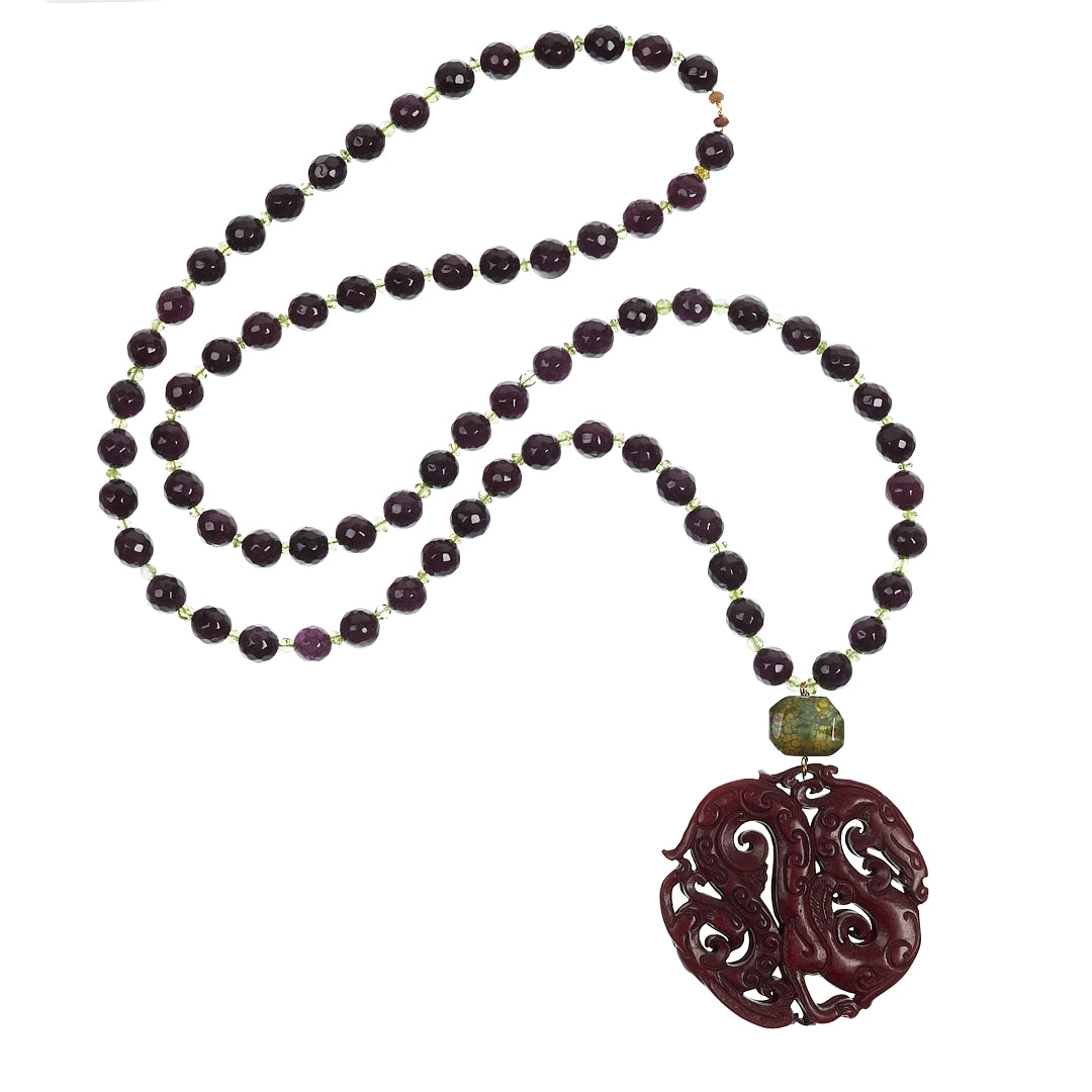 MANALI DESIGN-GERALDINE BREMER WEILL-SAUTOIR-BORDEAUX-ROND-PENDENTIF SERPENTINE-AGATE-HEMATITE-MAGDA
