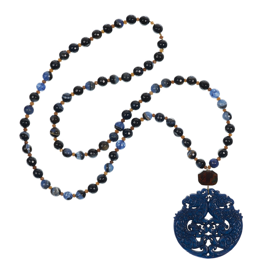 MANALI DESIGN-GERALDINE BREMER WEILL-SAUTOIR-BLEU MARINE-ROND-PENDENTIF SERPENTINE-AGATE-HEMATITE-MAGDA