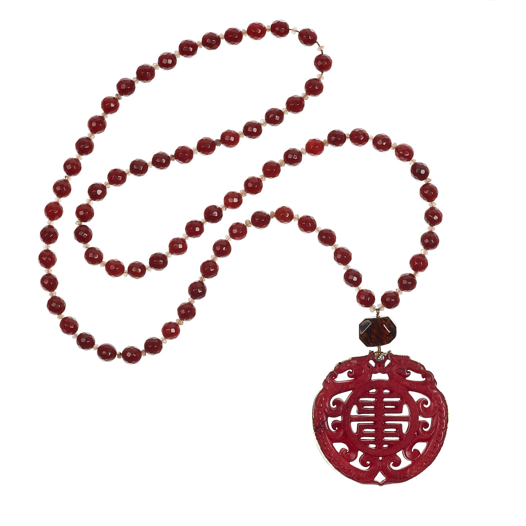 MANALI DESIGN-GERALDINE BREMER WEILL-SAUTOIR-ROUGE-ROND-PENDENTIF SERPENTINE-AGATE-HEMATITE-MAGDA SERTI