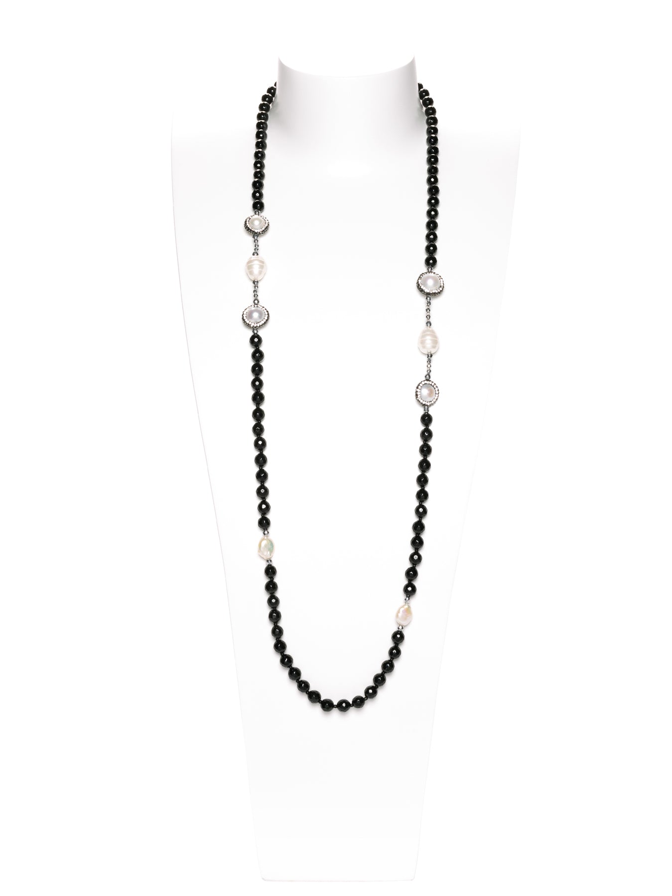 GERALDINE BREMER-WEILL - MANALI DESIGN - COLLIER - SAUTOIR - PERLES D'EAU DOUCE - ONYX - STRASS - NOIR - BLANC