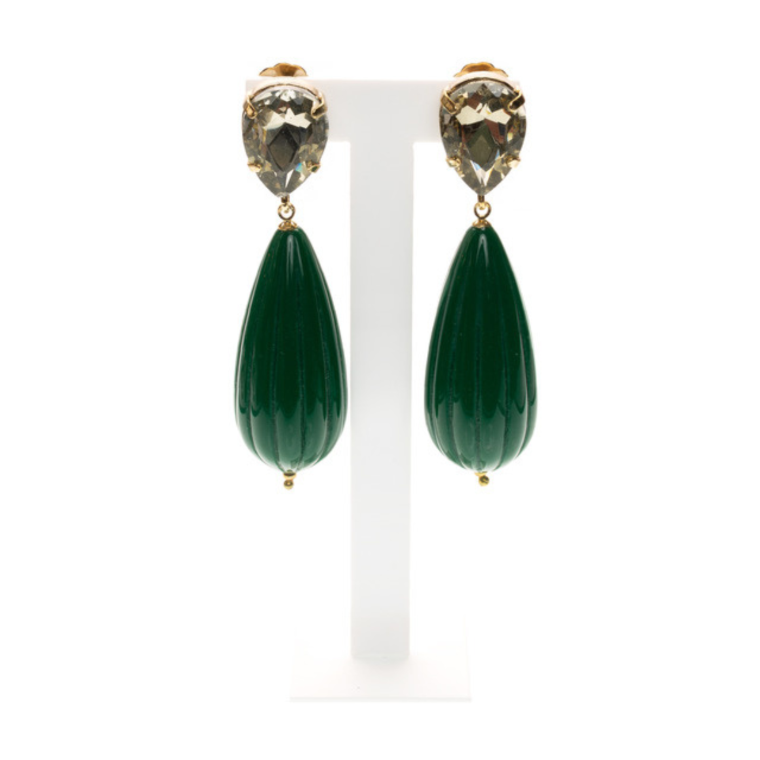 MANALI DESIGN-GERALDINE BREMER WEILL-BOUCLES D’OREILLE-PENDANTE-GOUTTE-RÉSINE-DORÉ&VERT-ALEYNA