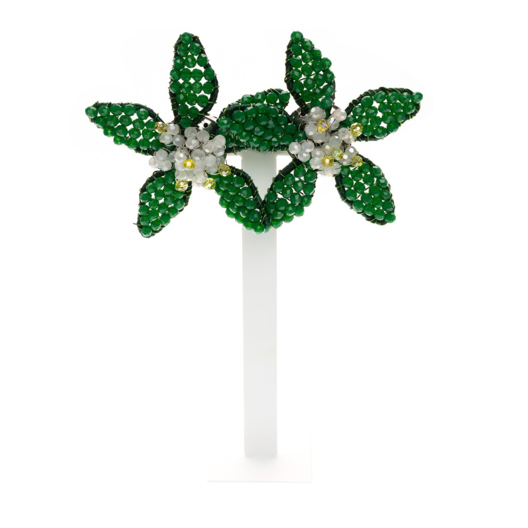 MANALI DESIGN-GERALDINE BREMER WEILL-BOUCLES D’OREILLE-CLIPS-FLEUR-CRYSTAL-CLIPS HYPOALLERGÉNIQUE-VERT&BLANC-VITALI