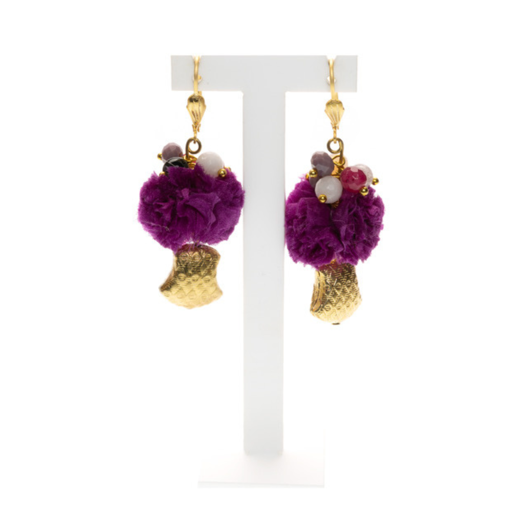 MANALI DESIGN-GERALDINE BREMER WEILL-BOUCLES D’OREILLE-PENDANTE-PLAQUÉ A L’OR FIN-AGATE-COTON-OR&VIOLET-TIGE HYPOALLERGÉNIQUE-MARLA
