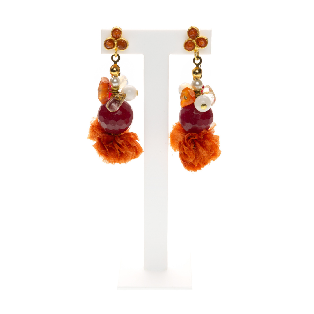 MANALI DESIGN-GERALDINE BREMER WEILL-BOUCLES D’OREILLE-PENDANTE-PLAQUÉ OR FIN-COTON-AGATE-OR&ROUGE-TIGE HYPOALLERGÉNIQUE-MARIETTA