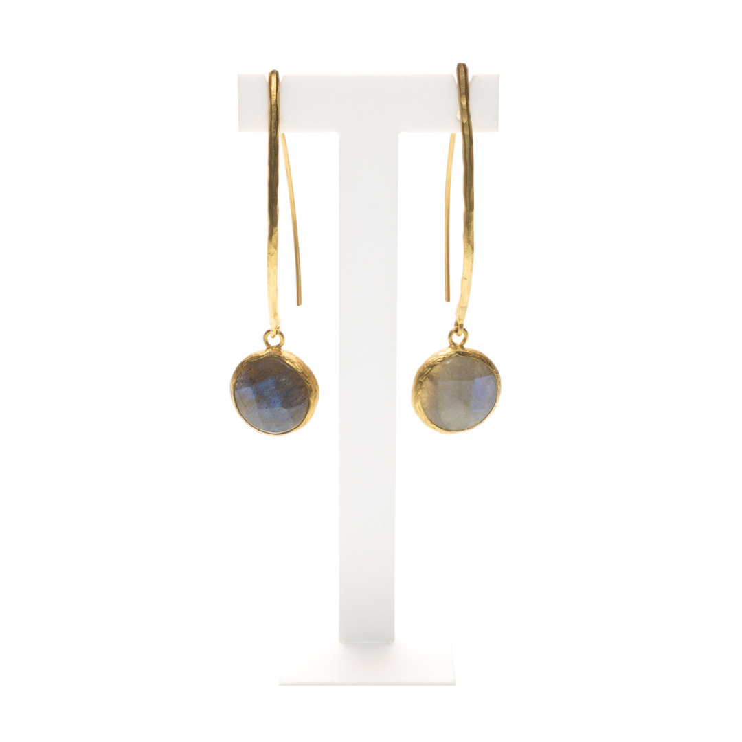 MANALI DESIGN-GERALDINE BREMER WEILL-BOUCLES D’OREILLE-PENDANTE-PLAQUÉ OR FIN-LABRADORITE-LAPIS-LAZULI-OR&GRIS-TIGE HYPOALLERGÉNIQUE-MARIKA