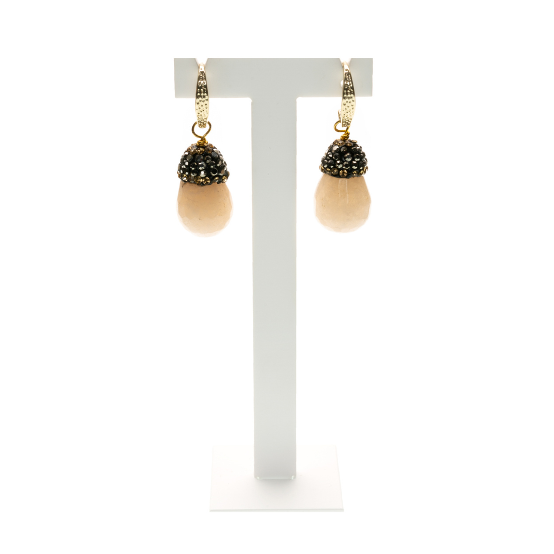 MANALI DESIGN-GERALDINE BREMER WEILL-BOUCLES D’OREILLE-PENDANTE-PLAQUÉ OR FIN-STRASS-AGATE-NUDE&NOIR-TIGE HYPOALLERGÉNIQUE-MAZAL