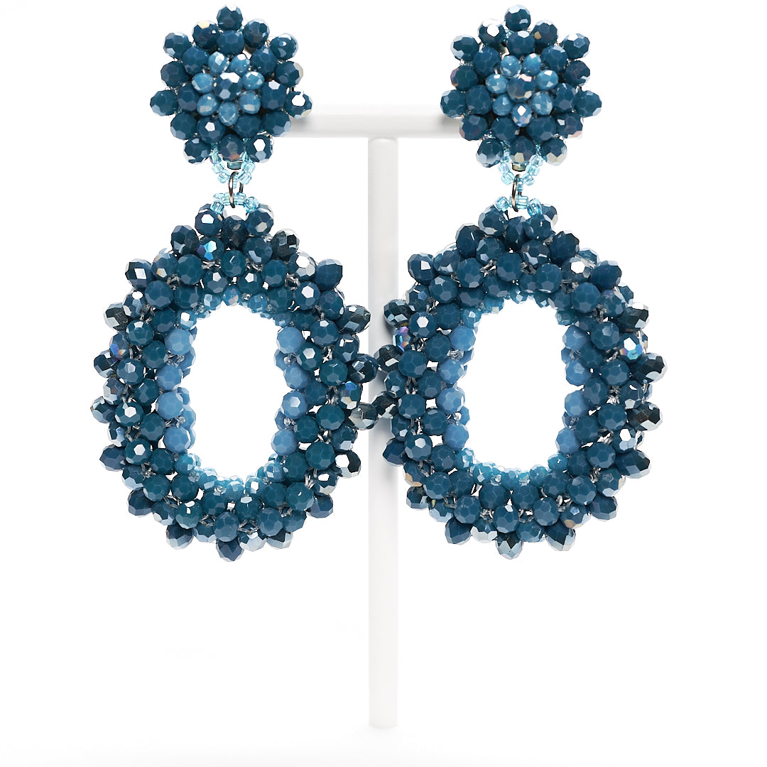 MANALI DESIGN-GERALDINE BREMER WEILL-BOUCLE D’OREILLE-CLIPS-PENDANTES-OVALE-BLEU-BAGUETTE DE CRYSTAL VERRE-CLIPS HYPOALLERGÉNIQUE-VIOLA