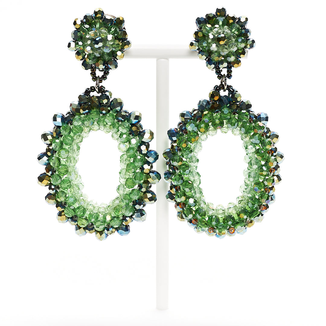 MANALI DESIGN-GERALDINE BREMER WEILL-BOUCLE D’OREILLE-CLIPS-PENDANTES-OVALE-VERT-BAGUETTE DE CRYSTAL VERRE-CLIPS HYPOALLERGÉNIQUE-VIOLA