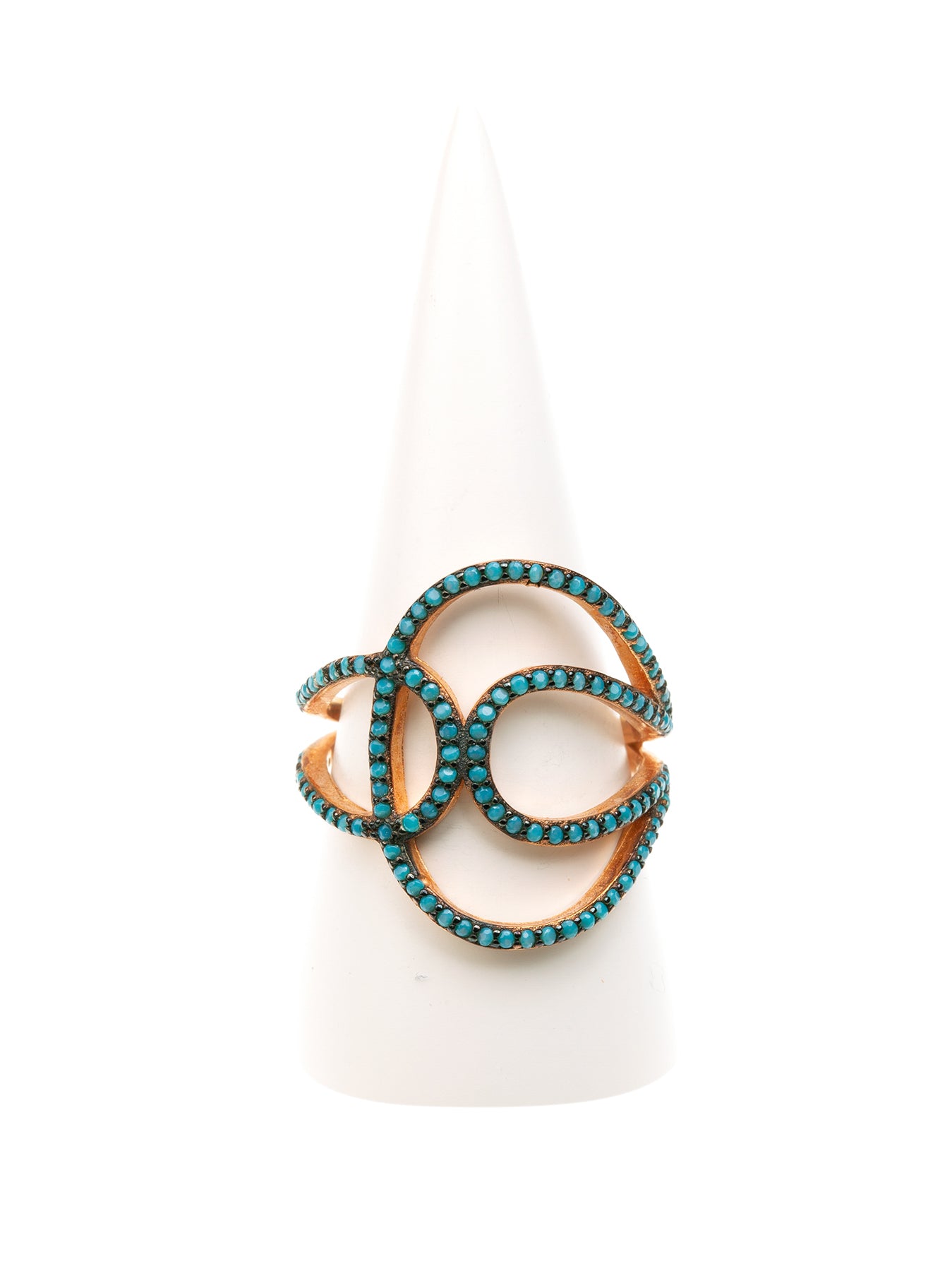 Geraldine Bremer Weill - MANALI DESIGN - BAGUES - NON AJUSTABLES - ARABESQUE TURQUOISE - STRASS SWAROVSKI - PLAQUEE OR ROSE FIN