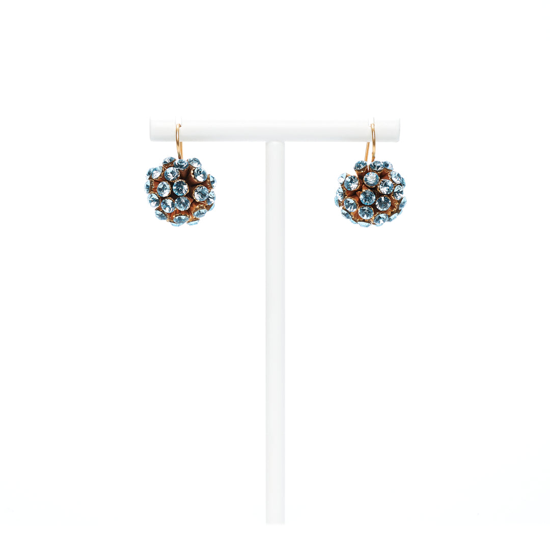 MANALI DESIGN-GERALDINE BREMER WEILL-BOUCLE D’OREILLE-PERCÉES-PENDANTES-BOULES-BLEU&OR-PLAQUÉ OR-VERMEIL-STRASS SWAROVSKI-TIGE HYPOALLERGÉNIQUE-BILKIS