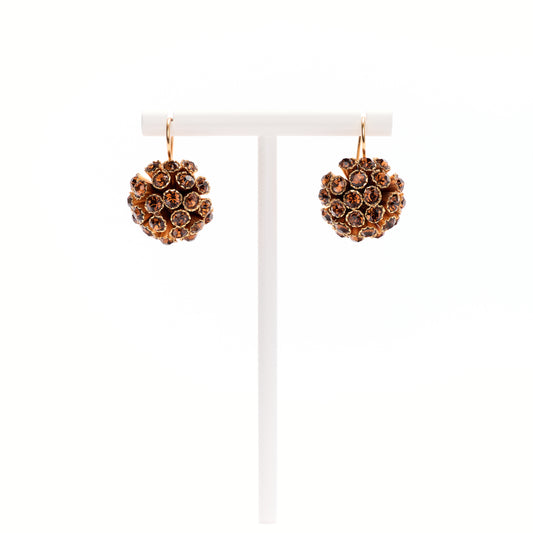 MANALI DESIGN-GERALDINE BREMER WEILL-BOUCLE D’OREILLE-PERCÉES-PENDANTES-BOULES-BRUN-PLAQUÉ OR-VERMEIL-STRASS SWAROVSKI-TIGE HYPOALLERGÉNIQUE-BILKIS