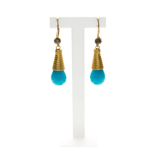 MANALI DESIGN-GERALDINE BREMER WEILL-BOUCLES D’OREILLE-PENDANTE-PLAQUÉ OR FIN-AGATE-OR&TURQUOISE-TIGE HYPOALLERGÉNIQUE-MARA