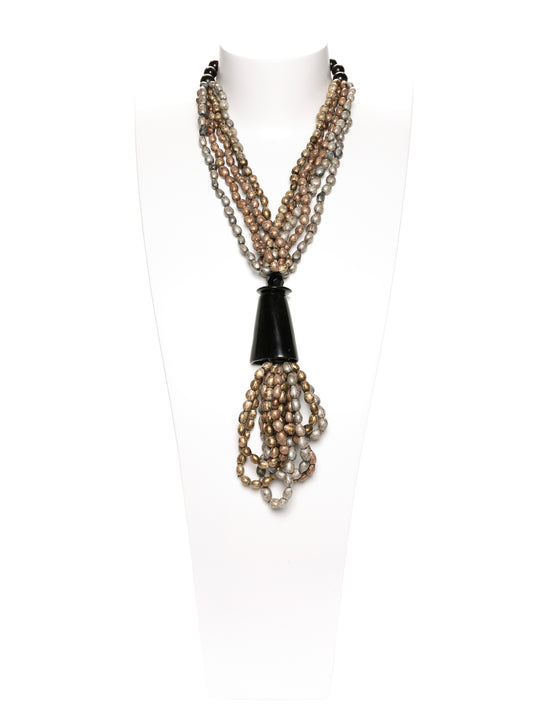 GERALDINE BREMER-WEILL - MANALI DESIGN - COLLIER - MI-LONG - ETHNIQUE - CORNE - GRAINE DE PANIAS - BEIGE - GRIS - NOIR