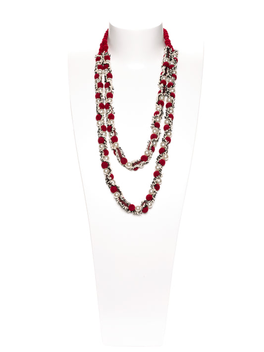 GERALDINE BREMER-WEILL - MANALI DESIGN - COLLIER - MI-LONG - VELOURS - PERLES - COTON  - ROUGE - BLANC