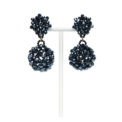 MANALI DESIGN-GERALDINE BREMER WEILL-BOUCLE D’OREILLE-CLIPS-PENDANTES-BOULE-BLEU NUIT-BAGUETTE DE CRYSTAL VERRE-CLIPS HYPOALLERGÉNIQUE-VICTORIA